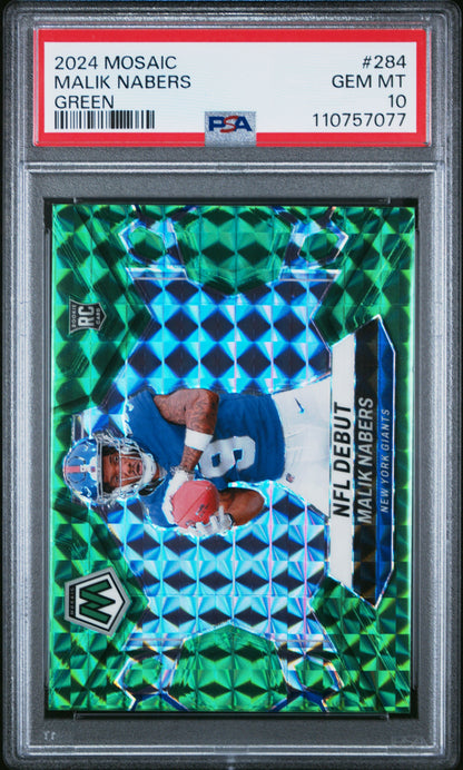 Graded 2024 Panini Mosaic Malik Nabers #284 Green Rookie RC Football Card PSA 10 Gem Mint