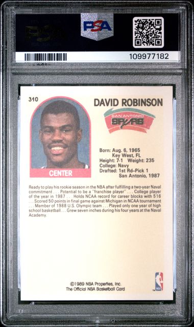 Graded 1989 Hoops David Robinson #310 Rookie RC Basketball Card PSA 9 Mint