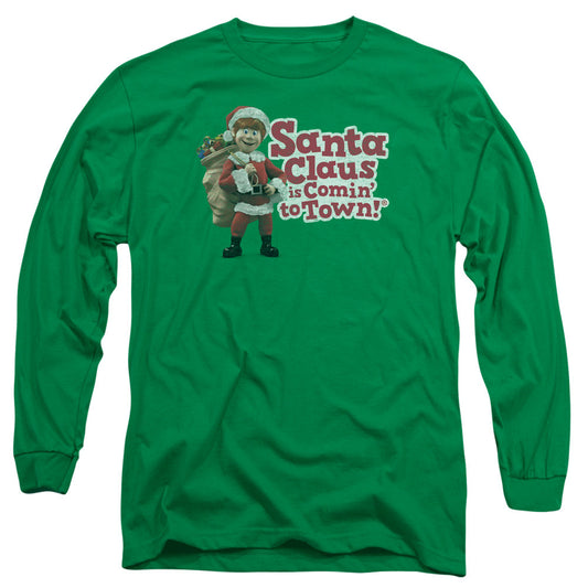 Santa Claus Is Comin To Town Santa Logo Mens Long Sleeve Shirt Kelly Green Officially Licensed Officially Licensed
