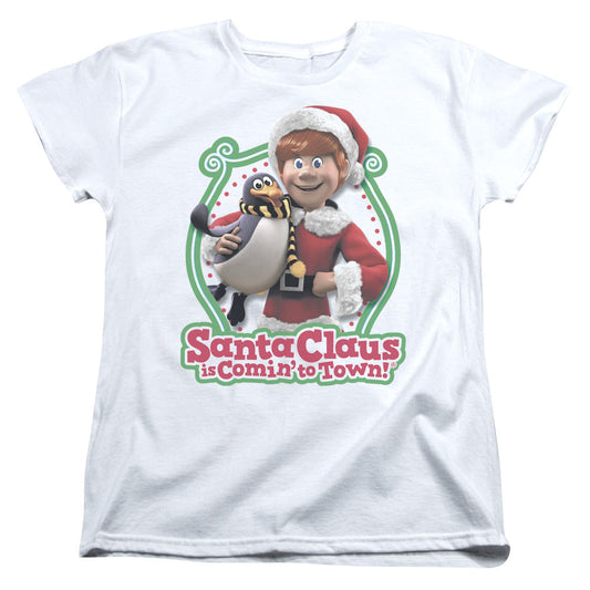 Santa Claus is Comin to Town Penguin Womens T Shirt White Officially Licensed