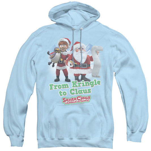 Santa Claus Is Comin To Town Kringle To Claus Mens Hoodie Light Blue Officially Licensed