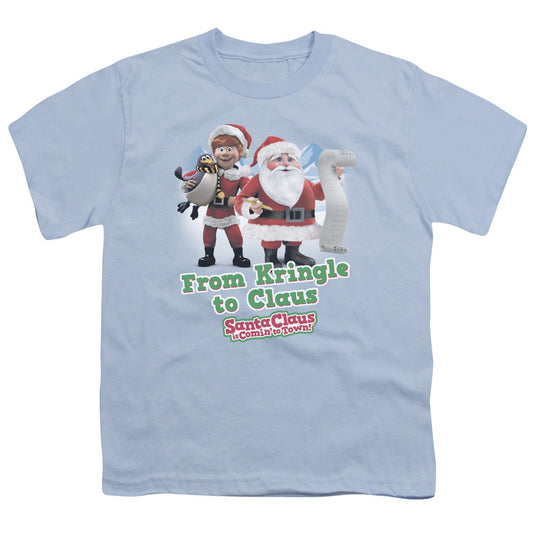 Santa Claus is Comin to Town Kringle to Claus Kids Youth T Shirt Light Blue Officially Licensed