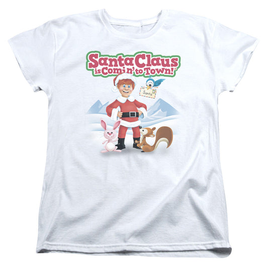 Santa Claus is Comin to Town Animal Friends Womens T Shirt White Officially Licensed