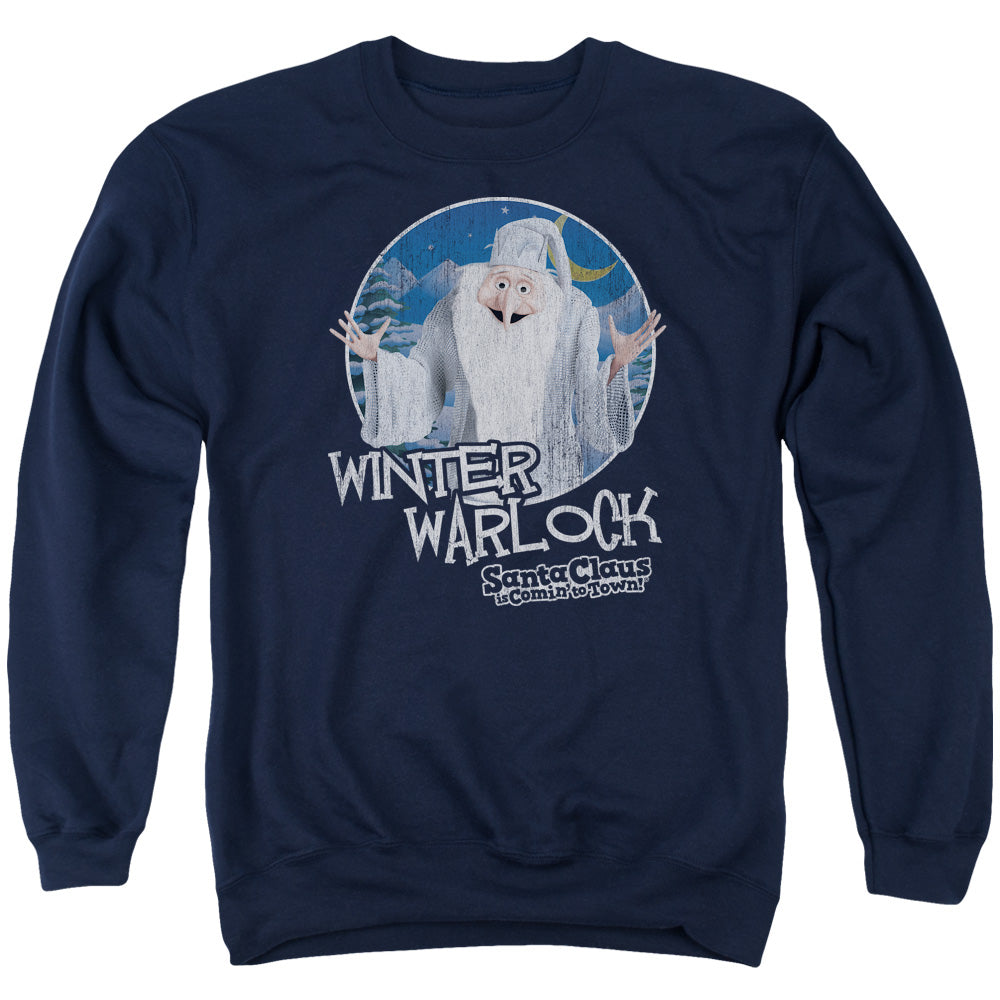 Santa Claus is Comin to Town Winter Warlock Mens Crewneck Sweatshirt Navy Blue Officially Licensed