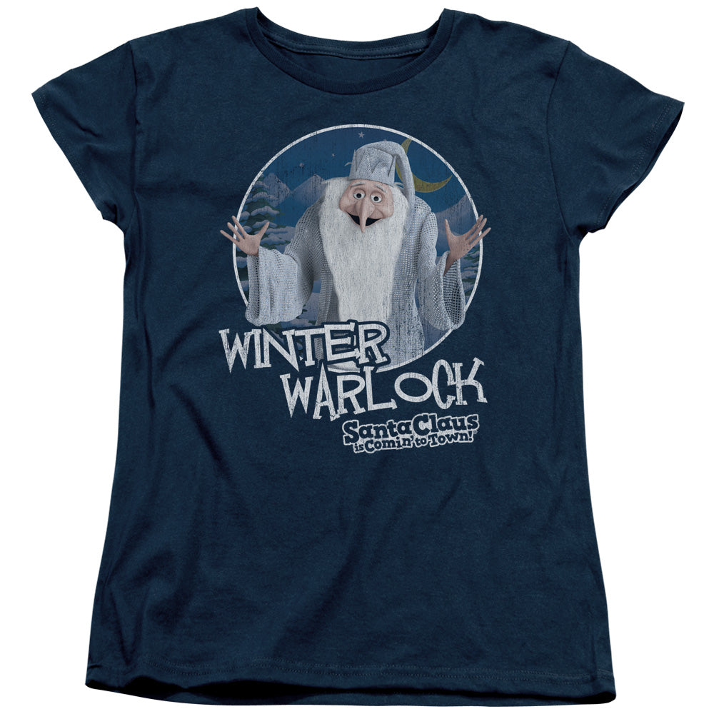 Santa Claus is Comin to Town Winter Warlock Womens T Shirt Navy Blue Officially Licensed