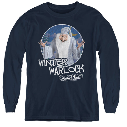 Santa Claus is Comin to Town Winter Warlock Long Sleeve Kids Youth T Shirt Navy Blue Officially Licensed