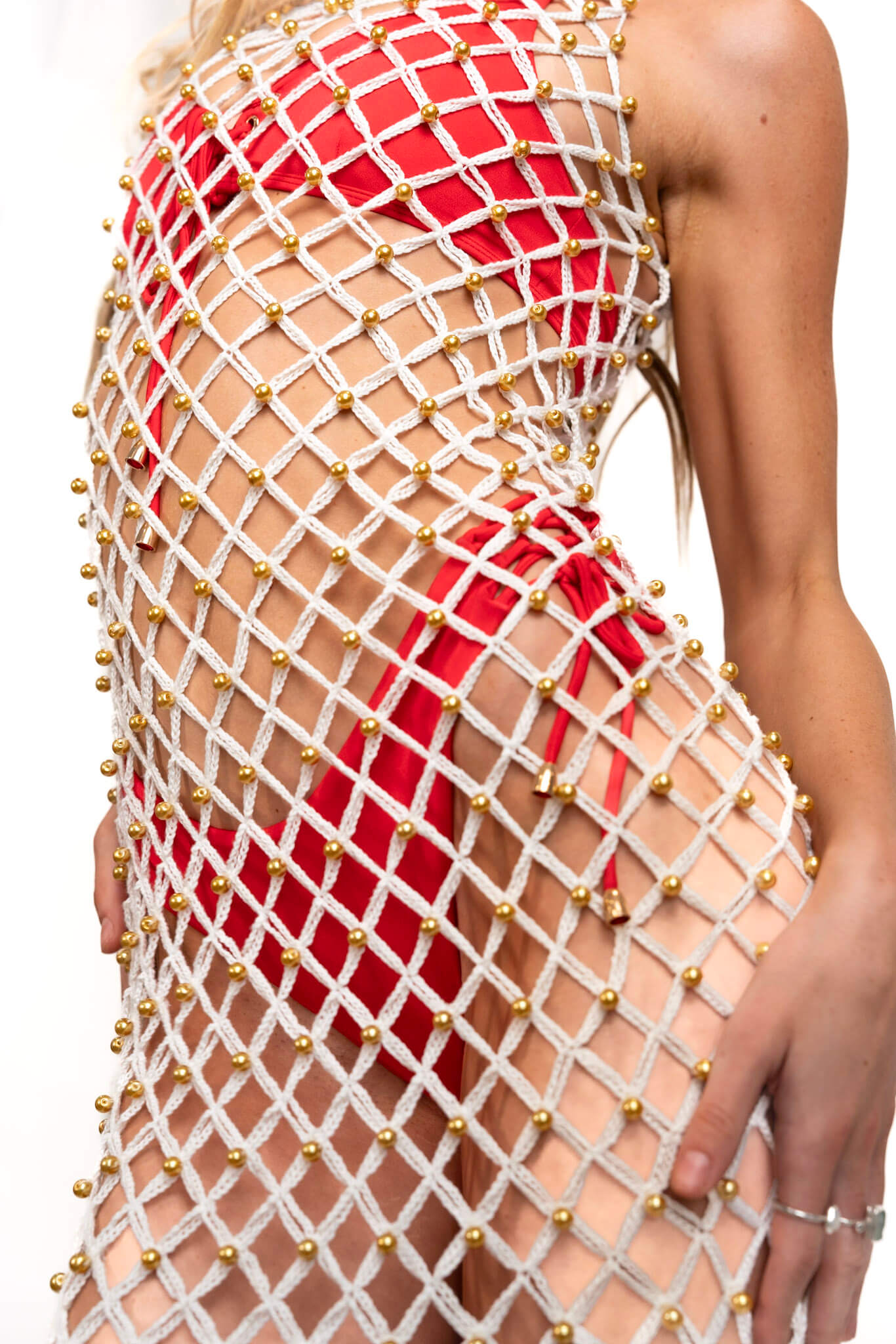 Hand-Woven Crochet Dress with Gold Beads | Cream - Triathlete Store