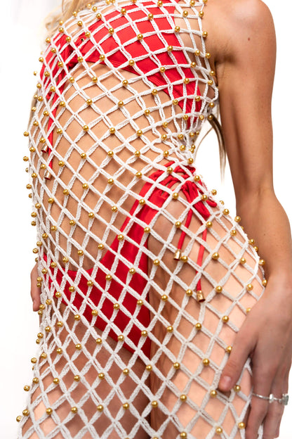 Hand-Woven Crochet Dress with Gold Beads | Cream - Triathlete Store