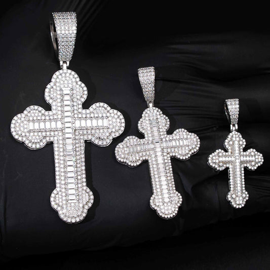 Moissanite Orthodox Cross Pendant - 925 Sterling Silver Baguette Iced Necklace