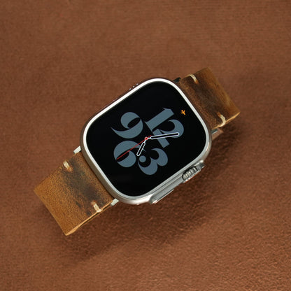 Vintage Distressed Leather Band for Apple Watch Series 10 – 100% Cowhide, One-Piece Hand-Stitched, Patina-Ready