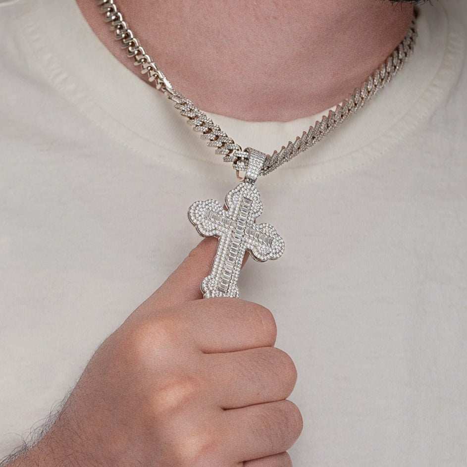 Moissanite Cross Pendant – 925 Silver Iced Baguette Jewelry