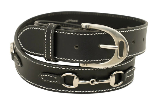 Huntley Equestrian Ladies Stirrup Buckle, Snaffle Bit, 1.5" Inch Width Leather Belt, Black