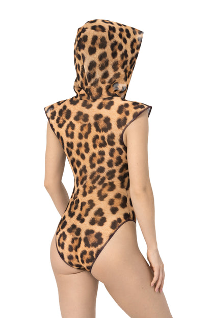 Leopard One-piece Sleeveless Swimsuit with Hood &  Lace