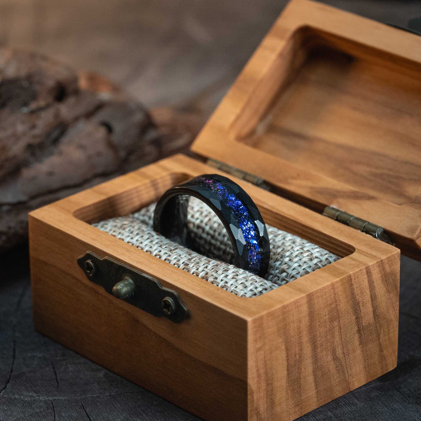 Black Hammered Nebula Meteorite Ring x Galaxy Blue Sandstone Ring - 8mm