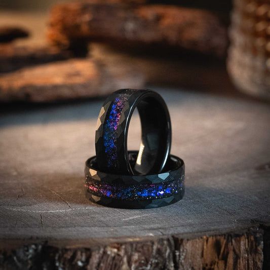 Black Hammered Nebula Meteorite Ring x Galaxy Blue Sandstone Ring - 8mm