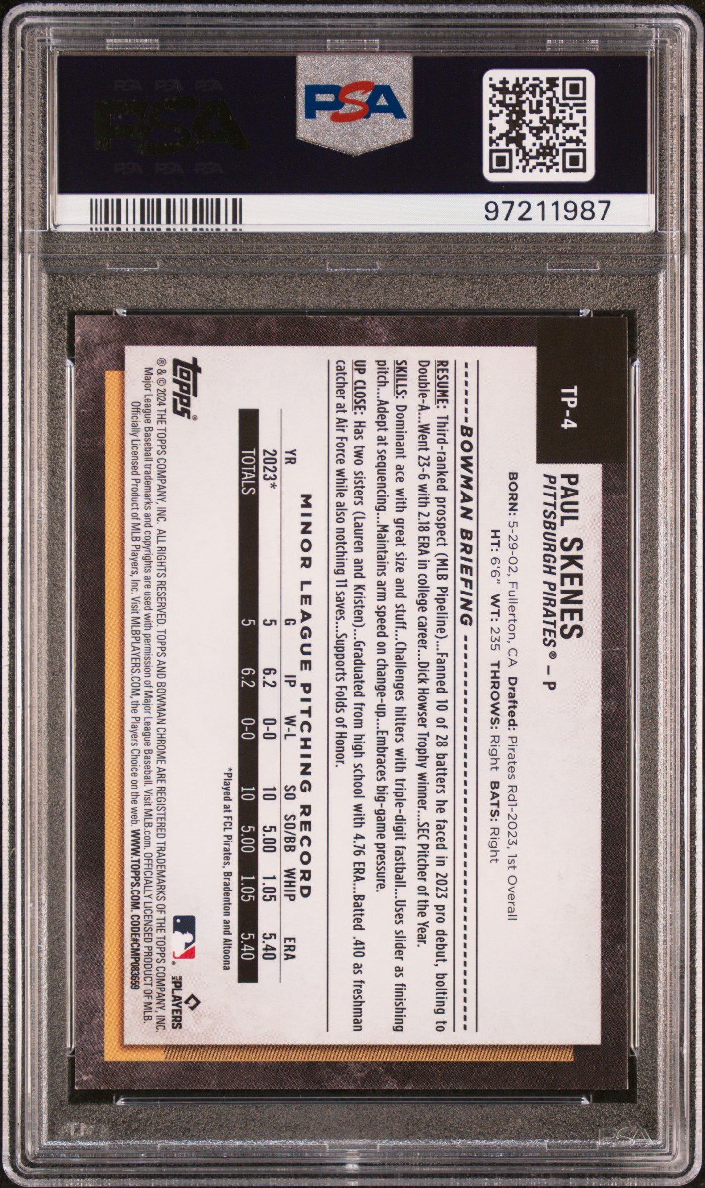 Graded 2024 Topps NSCC Silver Pack Paul Skenes #4 Prospects Rookie RC Baseball Card PSA 10 Gem Mint