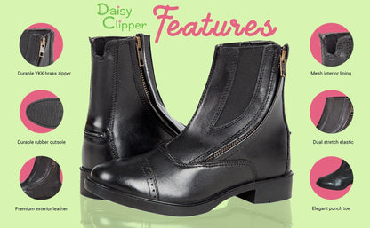 Daisy Clipper Children's Side Zipper Premium Leather Paddock Boots Horse Riding Boots, Black