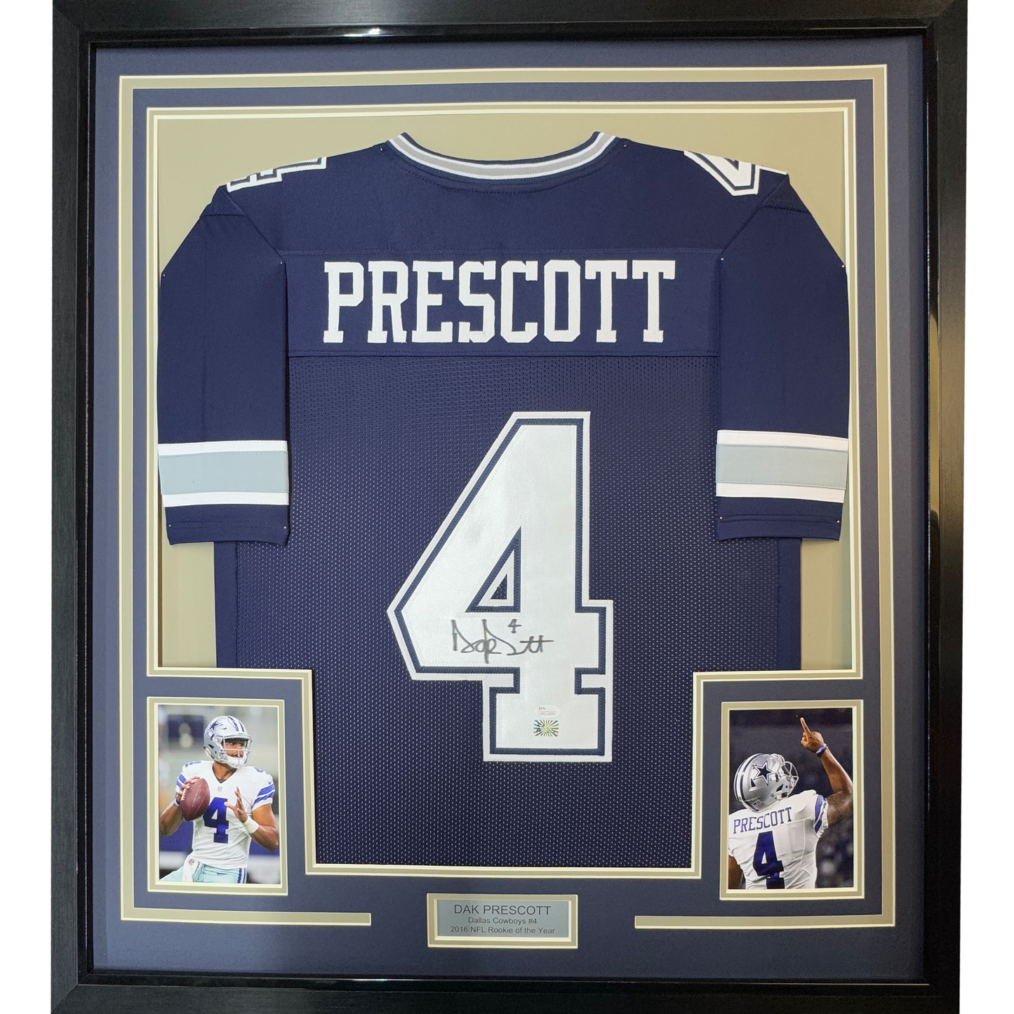 Framed Autographed/Signed Dak Prescott 35x39 Dallas Dark Blue Football Jersey JSA COA
