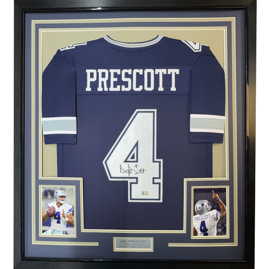 Framed Autographed/Signed Dak Prescott 35x39 Dallas Dark Blue Football Jersey JSA COA