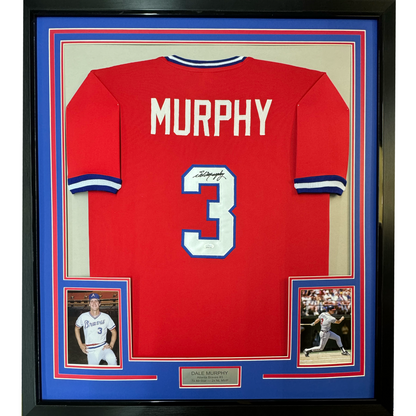 Framed Autographed/Signed Dale Murphy 35x39 Atlanta Red Baseball Jersey JSA COA