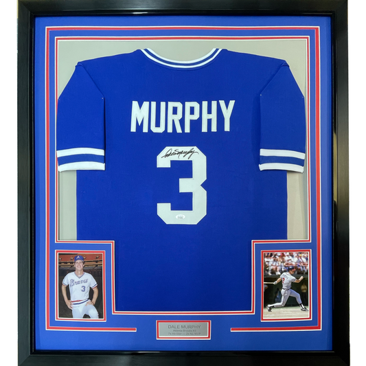 Framed Autographed/Signed Dale Murphy 35x39 Atlanta Dark Blue Baseball Jersey JSA COA