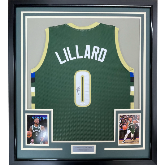 Framed Autographed/Signed Damian Lillard 35x39 Milwaukee Green Basketball Jersey JSA COA