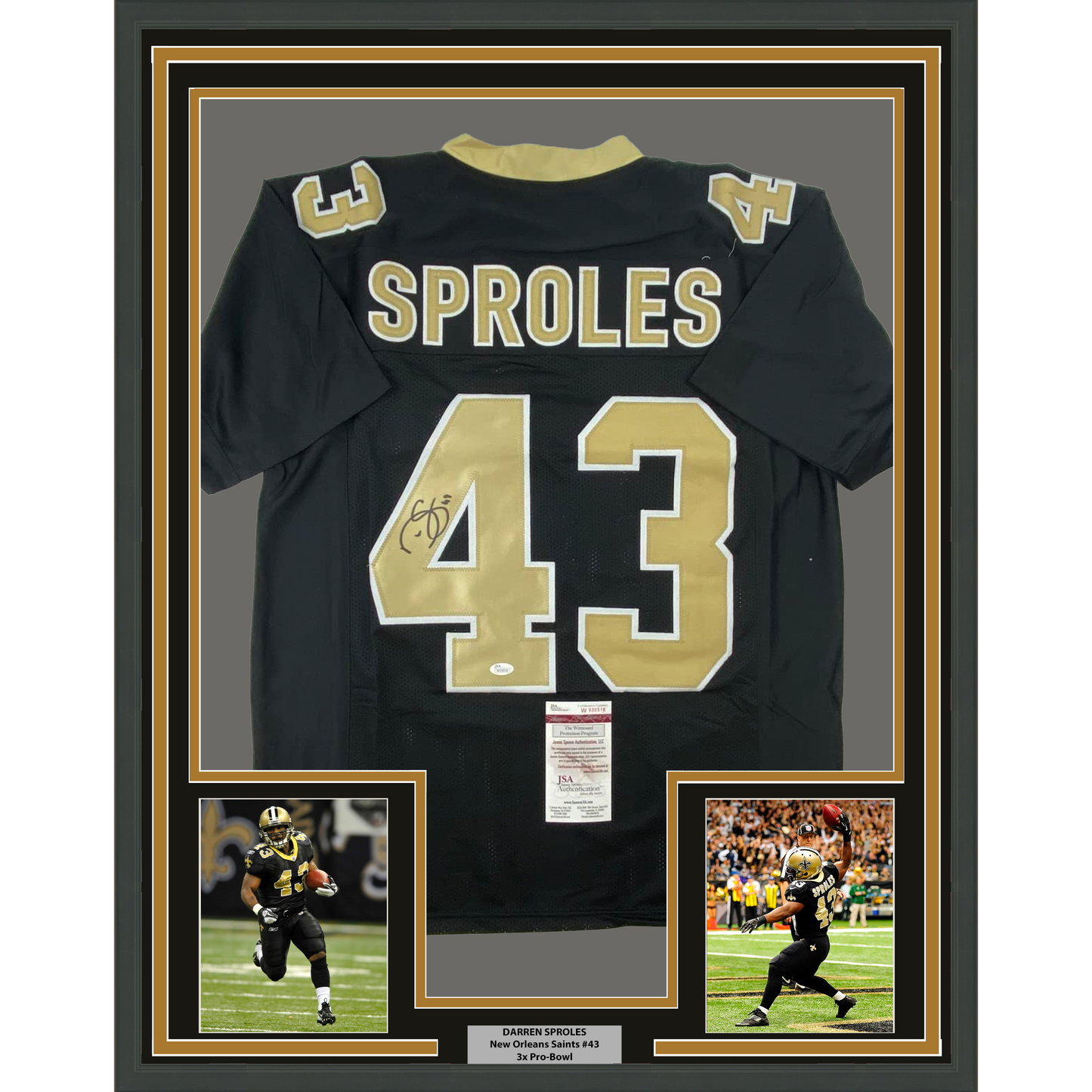 Framed Autographed/Signed Darren Sproles 35x39 New Orleans Black Football Jersey JSA COA