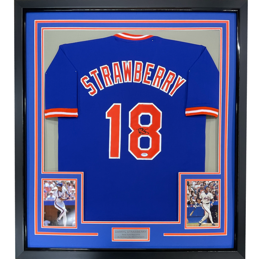 Framed Autographed/Signed Darryl Strawberry 35x39 New York Blue Baseball Jersey PSA/DNA COA