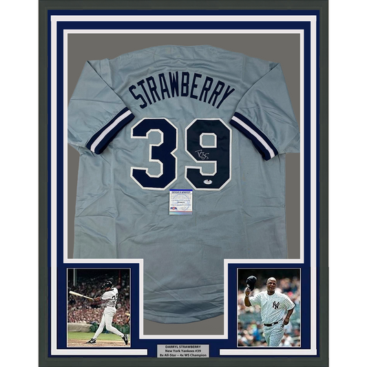 Framed Autographed/Signed Darryl Strawberry 35x39 New York Grey Baseball Jersey PSA/DNA COA