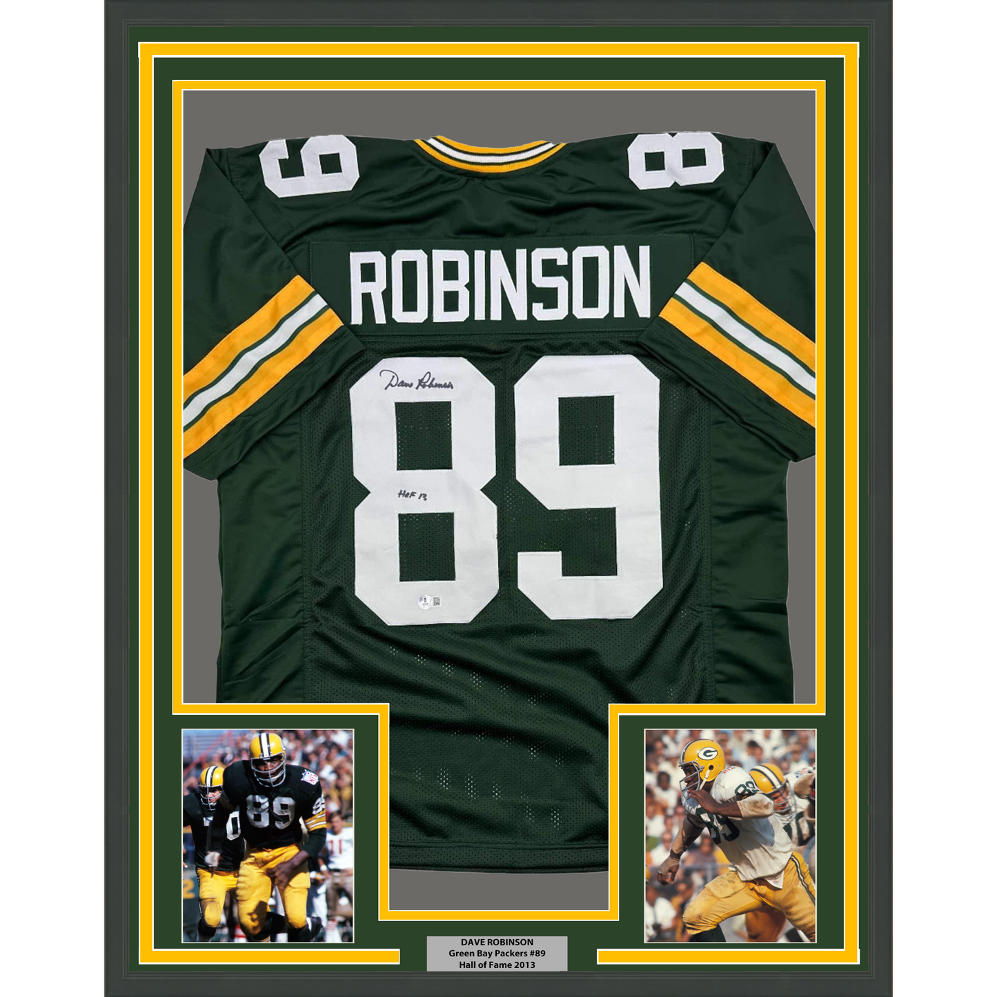 Framed Autographed/Signed Dave Robinson HOF 2013  35x39 Green Bay Packers Green Football Jersey JSA COA