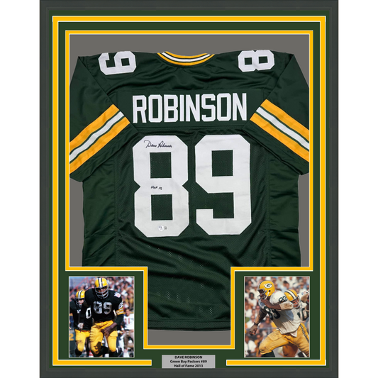 Framed Autographed/Signed Dave Robinson HOF 2013  35x39 Green Bay Packers Green Football Jersey JSA COA