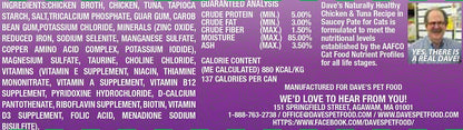 Dave's Naturally Healthy Grain Free Chicken & Tuna Recipe in Saucey Paté Wet Cat Food (5.5oz)