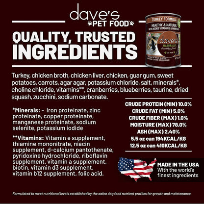 Dave's Naturally Healthy Turkey Dinner Paté Wet Cat Food (12.5oz)