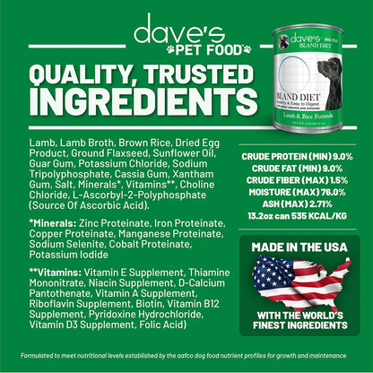 Dave's Restricted Diet Bland for Dogs – Lamb & Rice Formula (13.2oz)