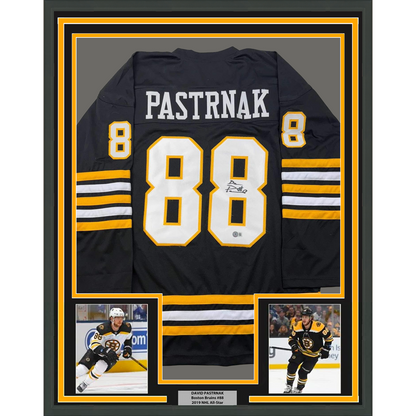 Framed Autographed/Signed David Pastrnak 35x39 Boston Black Hockey Jersey PSA/DNA COA