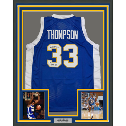 Framed Autographed/Signed David Thompson 35x39 HOF 96 Denver Blue Retro Rainbow Basketball Jersey Beckett BAS COA