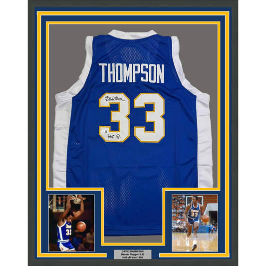 Framed Autographed/Signed David Thompson 35x39 HOF 96 Denver Blue Retro Rainbow Basketball Jersey Beckett BAS COA