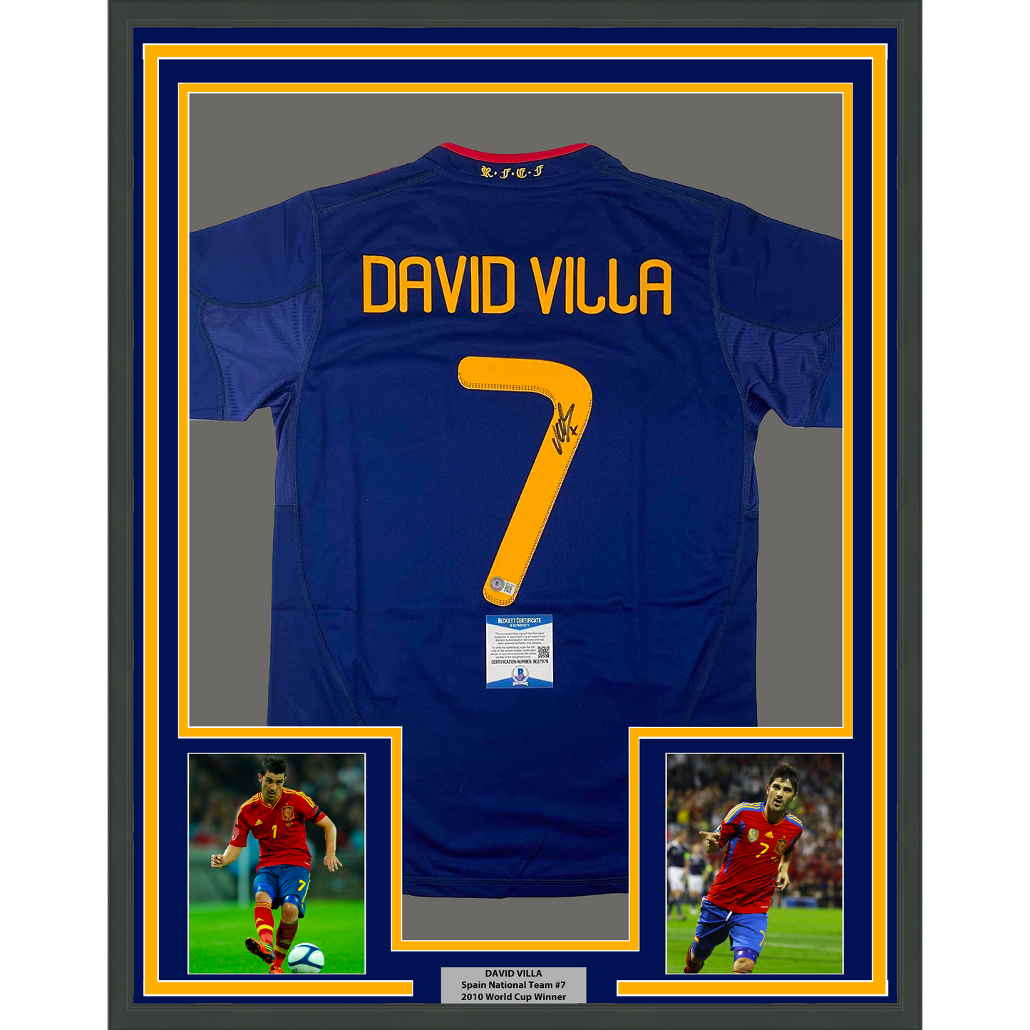 Framed Autographed/Signed David Villa 35x39 Spain Blue World Cup Soccer Jersey Beckett BAS COA