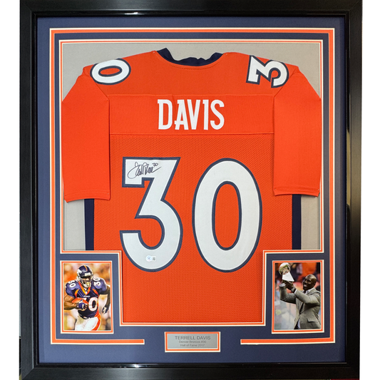 Framed Autographed/Signed Terrell Davis 35x39 Denver Orange Football Jersey Beckett BAS COA