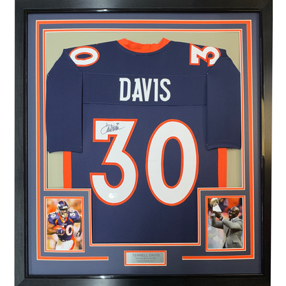 Framed Autographed/Signed Terrell Davis 35x39 Denver Blue Football Jersey Beckett BAS COA
