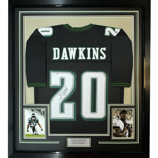Framed Autographed/Signed Brian Dawkins 35x39 Philadelphia Black Football Jersey JSA COA