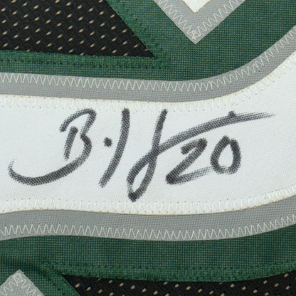 Framed Autographed/Signed Brian Dawkins 35x39 Philadelphia Black Football Jersey JSA COA