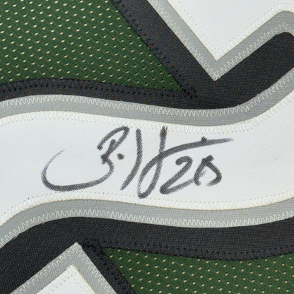 Framed Autographed/Signed Brian Dawkins 35x39 Philadelphia Green Football Jersey JSA COA