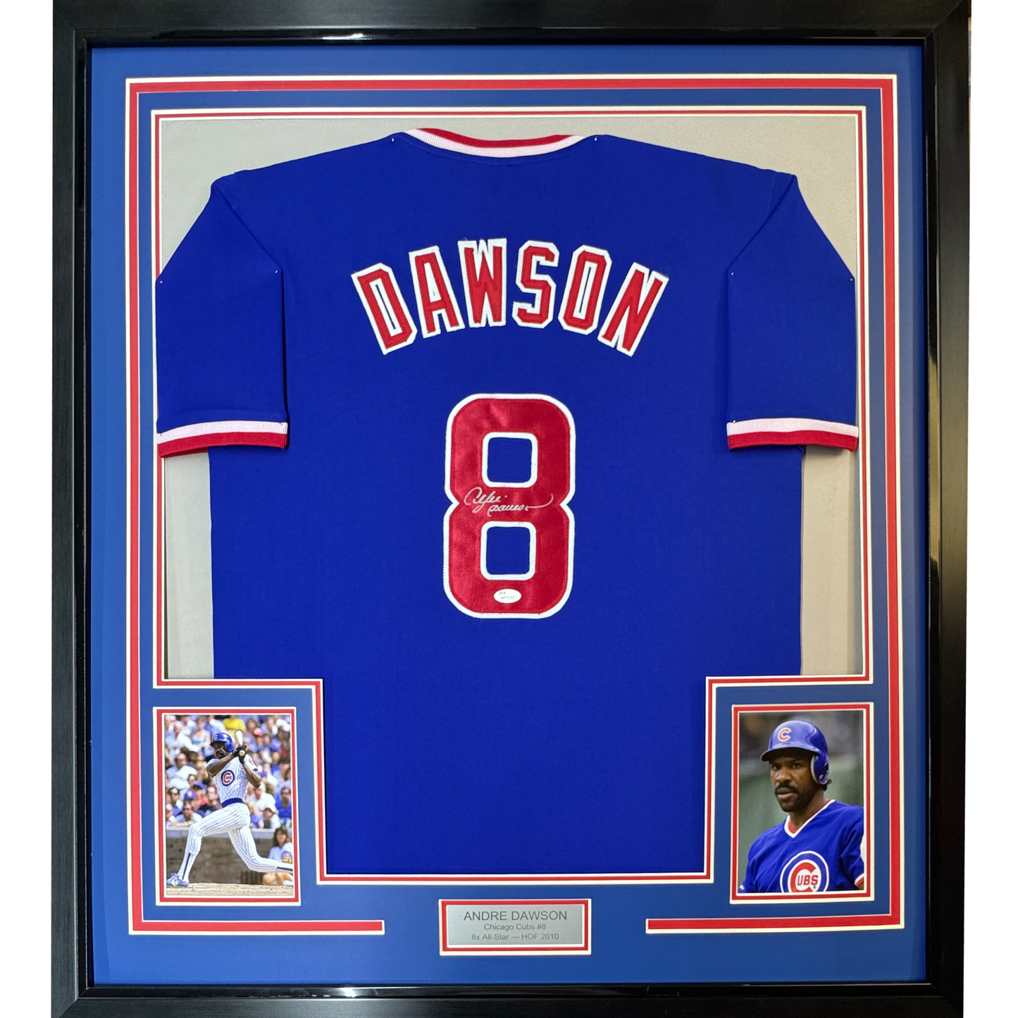 Framed Autographed/Signed Andre Dawson 35x39 Chicago Blue Baseball Jersey JSA COA