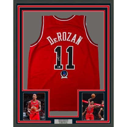 Framed Autographed/Signed DeMar DeRozan 35x39 Chicago Red Basketball Jersey Beckett BAS COA