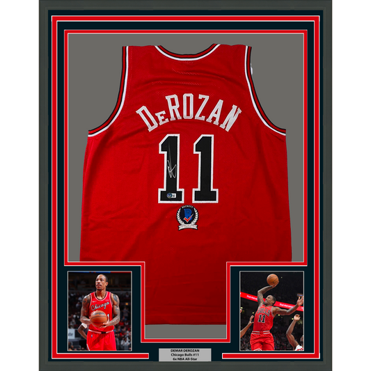 Framed Autographed/Signed DeMar DeRozan 35x39 Chicago Red Basketball Jersey Beckett BAS COA