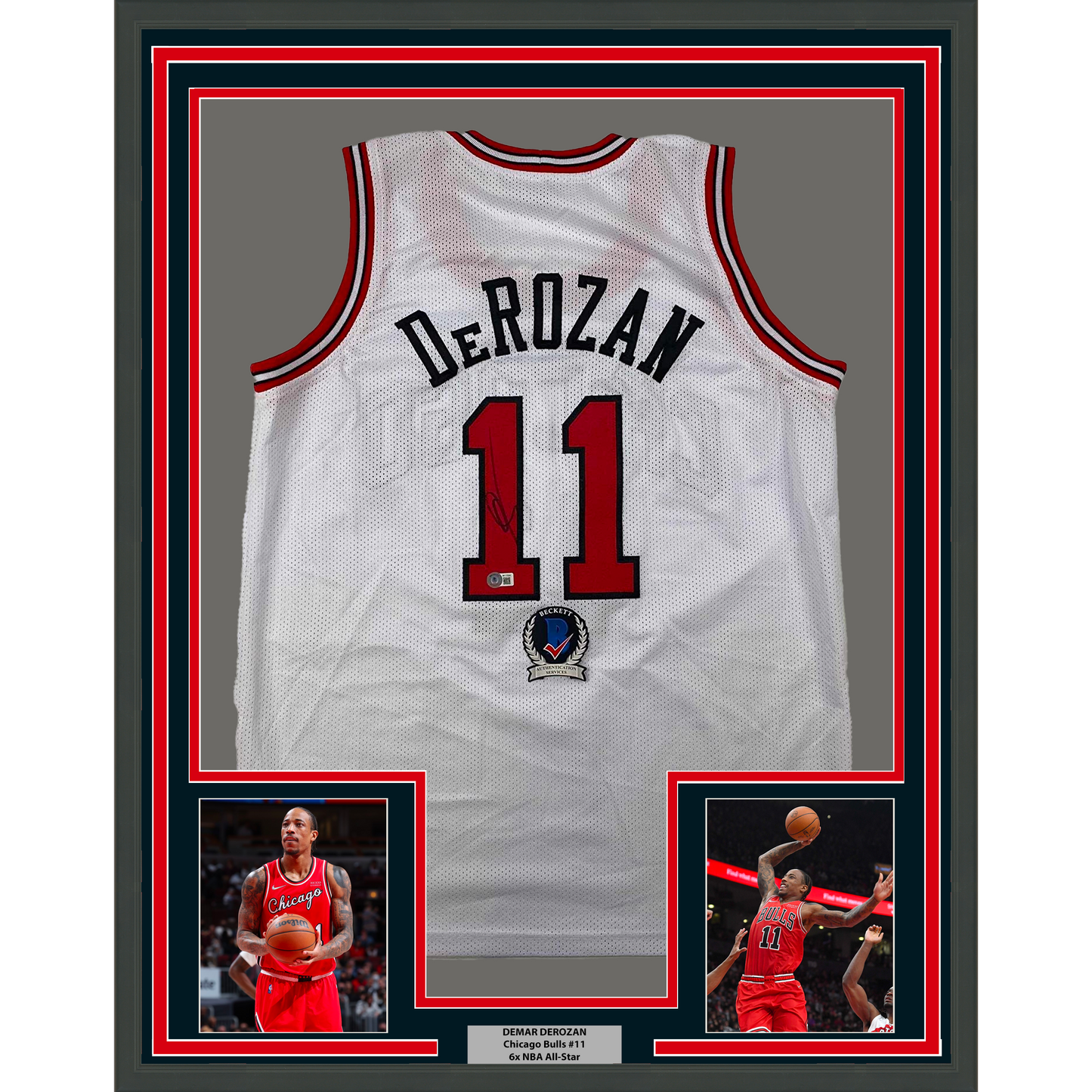 Framed Autographed/Signed DeMar DeRozan 35x39 Chicago White Basketball Jersey Beckett BAS COA