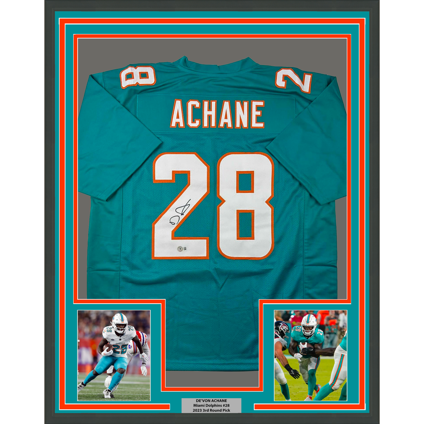 Framed Autographed/Signed De'Von DeVon Achane 35x39 Miami Teal Football Jersey Beckett BAS COA