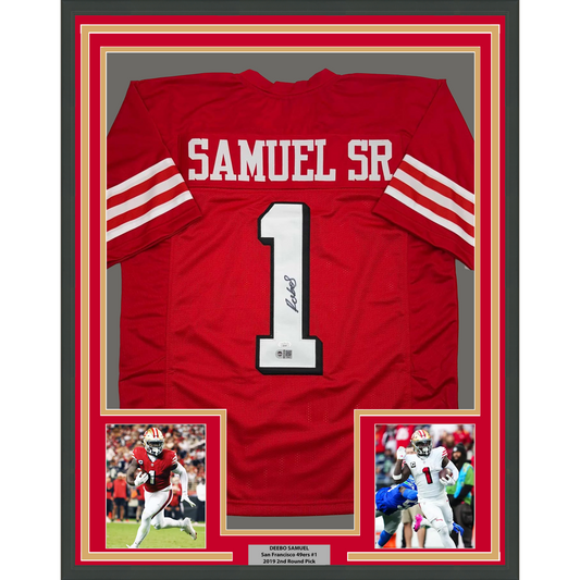 Framed Autographed/Signed Deebo Samuel 35x39 San Francisco Red Alternate Football Jersey JSA COA