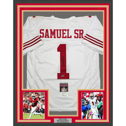 Framed Autographed/Signed Deebo Samuel Sr. #1 35x39 San Francisco White Football Jersey JSA COA